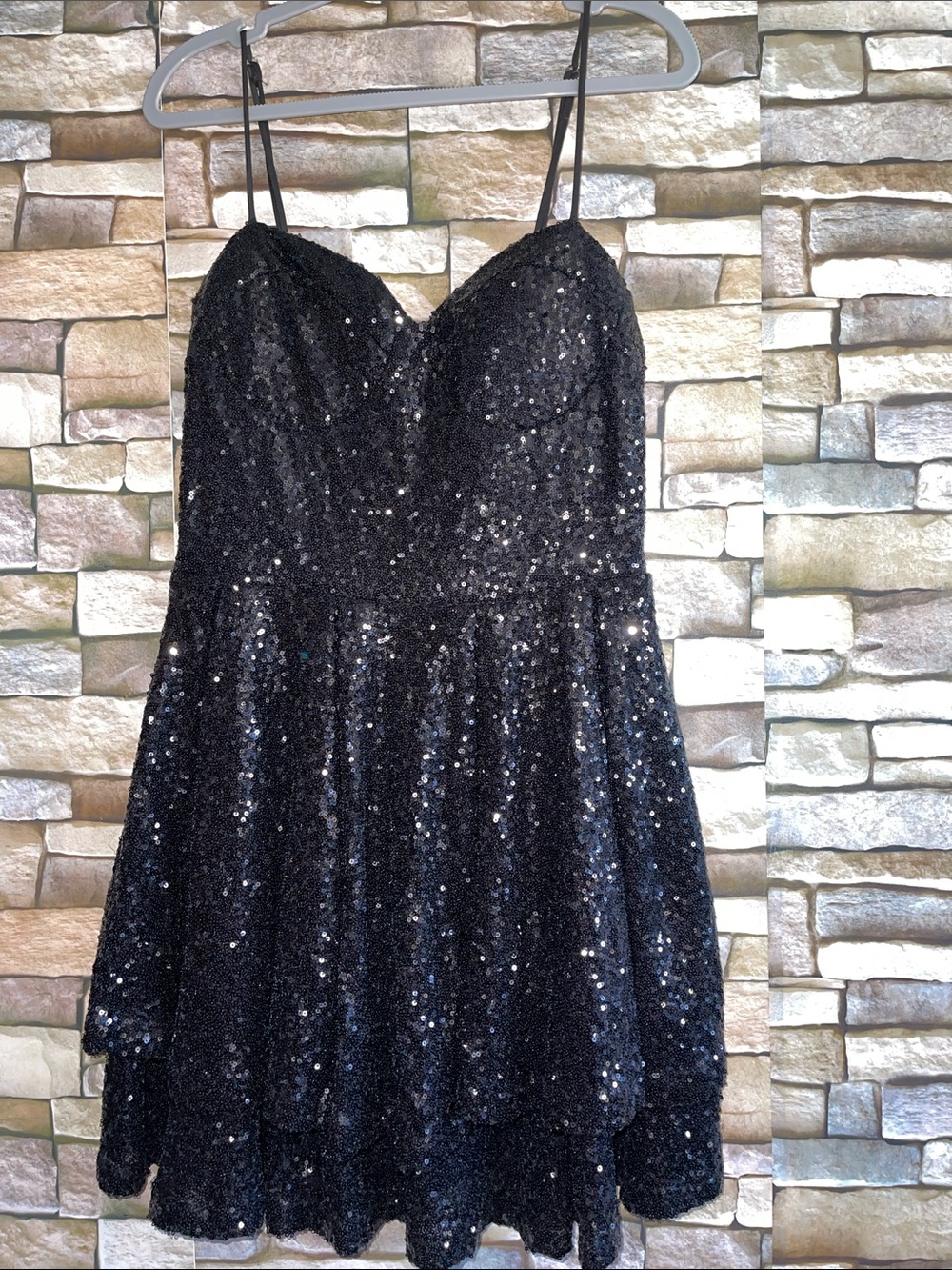 Black Sequin Spaghetti Strap Party Dress